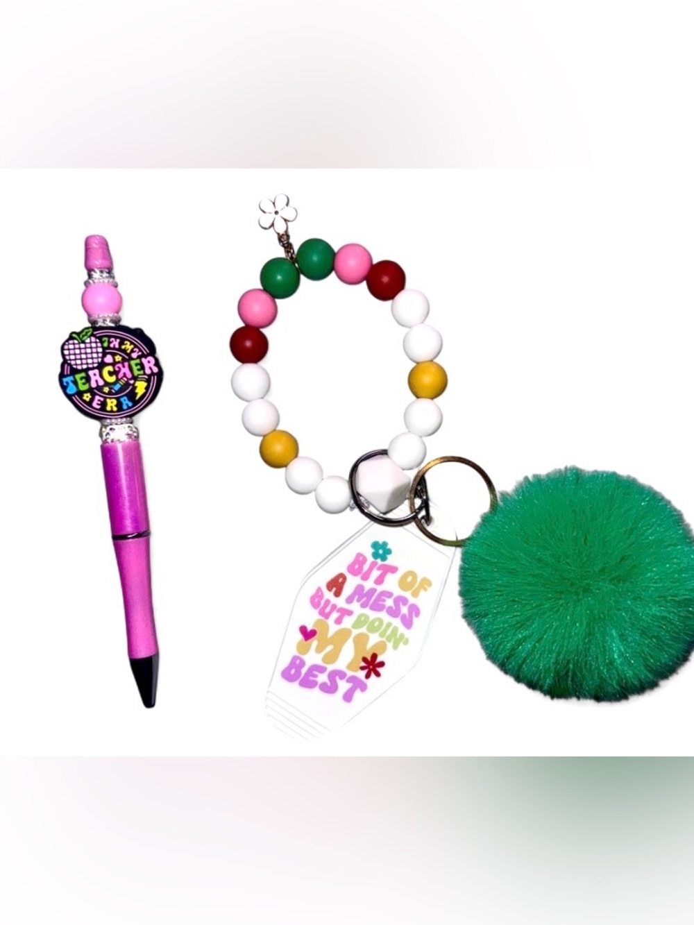 NWT Fun, Bright And Sassy Keychain + Teacher Themed Ball Point Pen Bundle